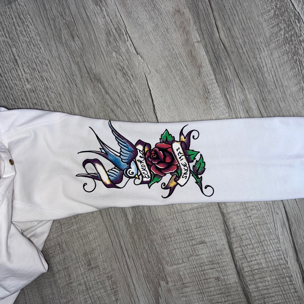 VTG Ecko Red Womens White Tattoo Graphic Zip Up Hoodie Rhinestone Heart Y2K M - Picture 11 of 12